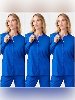NWT SET OF 3 Landau ProFlex 3 Pocket Snap Front Scrubs Jacket Royal Blue Small